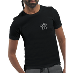 Close-up of a black unisex statement T-shirt on a male model, featuring a small white PK monogram on the chest and a clean minimalist front design.