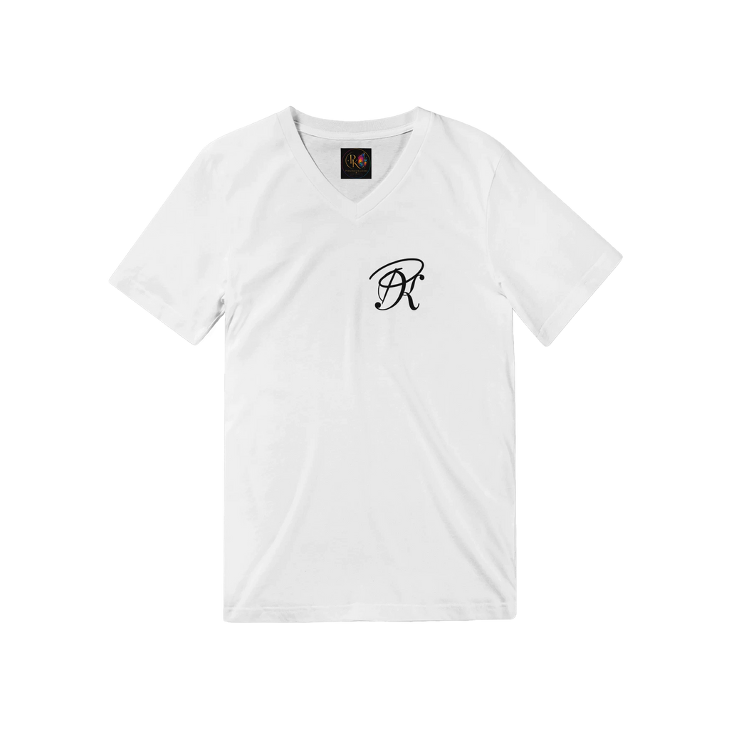 White V-neck T-shirt shown from the front, featuring a small black monogram print on the left chest and a clean minimalist design.