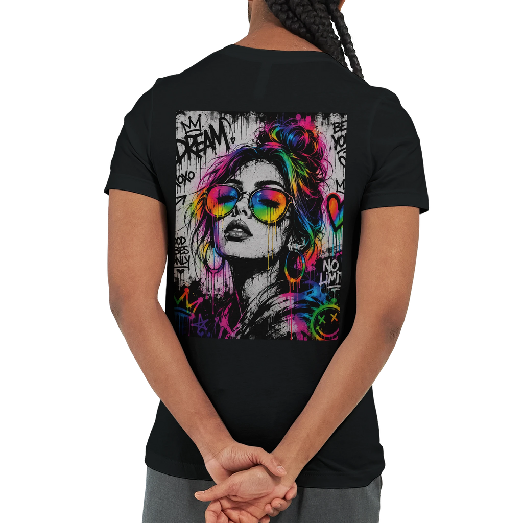 Black unisex statement T-shirt featuring a large NEON REBEL graffiti back print in black and white with vibrant neon rainbow colors.