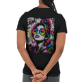 Black unisex statement T-shirt featuring a large NEON REBEL graffiti back print in black and white with vibrant neon rainbow colors.