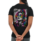 Black unisex statement T-shirt featuring a large NEON REBEL graffiti back print in black and white with vibrant neon rainbow colors.