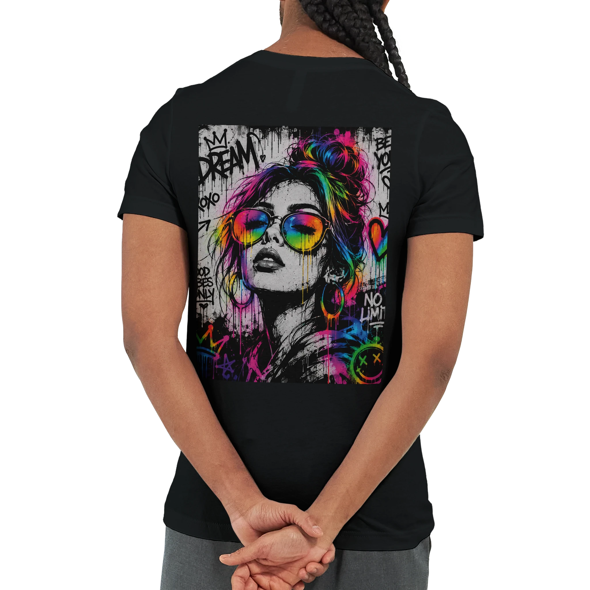 Black unisex statement T-shirt featuring a large NEON REBEL graffiti back print in black and white with vibrant neon rainbow colors.