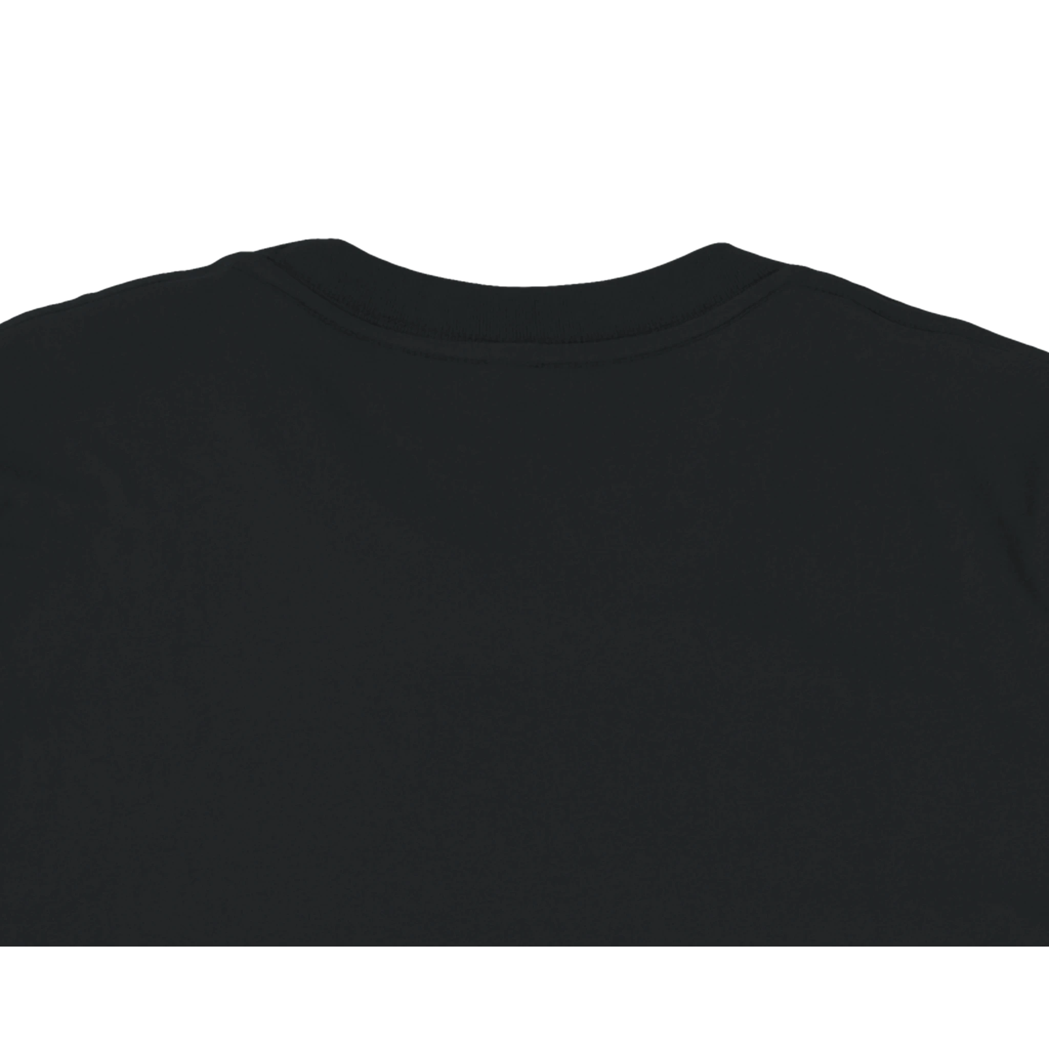 Close-up of the plain upper back and neckline of a black unisex T-shirt, shown without any visible print or design.