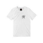 Front product view of a white unisex V-neck T-shirt featuring a small black PK monogram on the left chest and a Personiq Kaleido inner neck label.