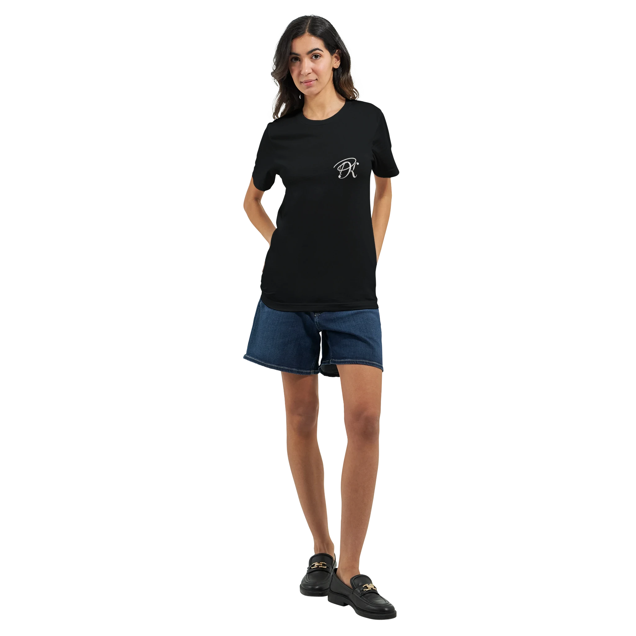 Black unisex statement T-shirt shown from the front on a female model, featuring a small white PK monogram on the chest and a clean minimalist look.