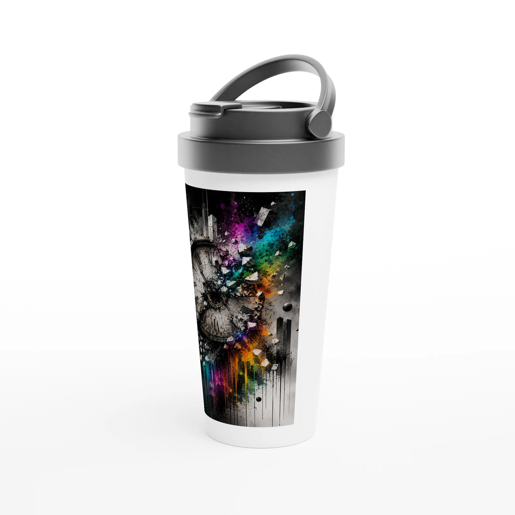 Side view of a 15oz stainless steel travel mug featuring a surreal street art design of a fractured vintage clock. The artwork combines a predominantly black-and-white composition with vibrant rainbow powder splashes, geometric fragments, and expressive paint drips, creating a bold, time-inspired artistic statement.