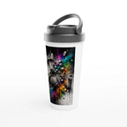 Side view of a 15oz stainless steel travel mug featuring a surreal street art design of a fractured vintage clock. The artwork combines a predominantly black-and-white composition with vibrant rainbow powder splashes, geometric fragments, and expressive paint drips, creating a bold, time-inspired artistic statement.