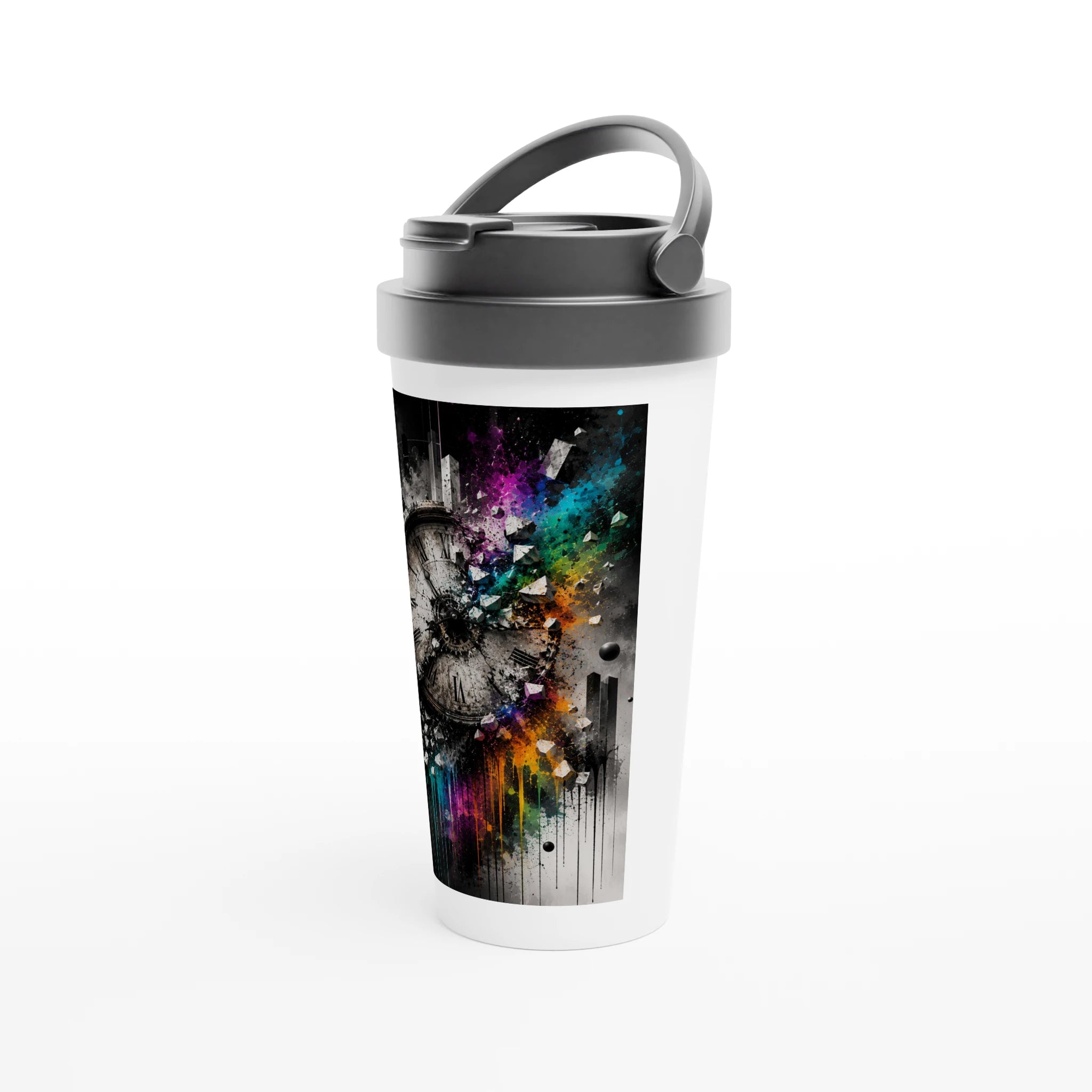 Side view of a 15oz stainless steel travel mug featuring a surreal street art design of a fractured vintage clock. The artwork combines a predominantly black-and-white composition with vibrant rainbow powder splashes, geometric fragments, and expressive paint drips, creating a bold, time-inspired artistic statement.
