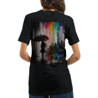 Black unisex T-shirt shown from the back featuring the “Color the Grey” design with a woman under an umbrella, a monochrome city skyline, and neon rainbow graffiti colors.