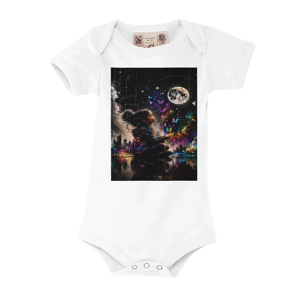 White organic baby bodysuit featuring the Little Souls Moonlight Dreams artwork with a moon, butterflies, and colorful fantasy city lights.