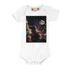 White organic baby bodysuit featuring the Little Souls Moonlight Dreams artwork with a moon, butterflies, and colorful fantasy city lights.