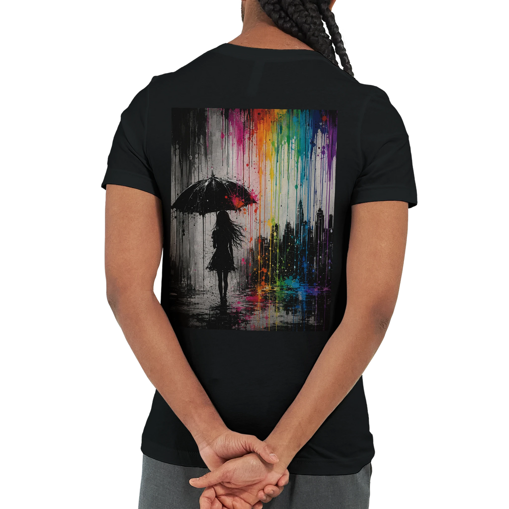 Black unisex T-shirt shown from the back featuring the “Color the Grey” design with a woman under an umbrella, a monochrome city skyline, and neon rainbow graffiti colors.