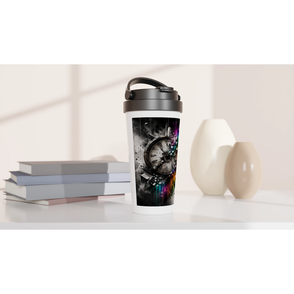 A 15oz stainless steel travel mug displayed on a modern desk beside stacked books and decorative vases. The mug features a surreal street art illustration of a fractured vintage clock, blending a predominantly black-and-white composition with vibrant rainbow powder splashes, geometric fragments, and expressive paint drips to symbolize time, creativity, and transformation.