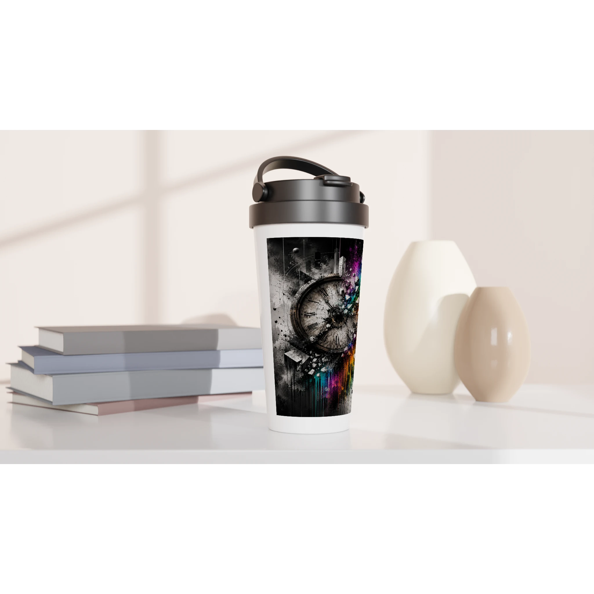 A 15oz stainless steel travel mug displayed on a modern desk beside stacked books and decorative vases. The mug features a surreal street art illustration of a fractured vintage clock, blending a predominantly black-and-white composition with vibrant rainbow powder splashes, geometric fragments, and expressive paint drips to symbolize time, creativity, and transformation.