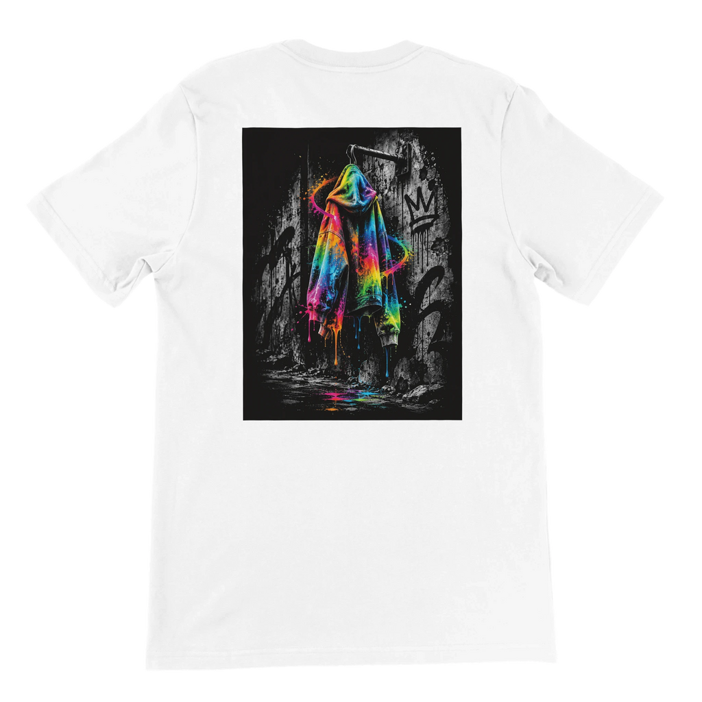 White unisex T-shirt shown from the back with a bold rectangular print featuring a vivid neon rainbow hoodie against a black-and-white graffiti background, creating a striking urban streetwear look.