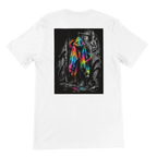 White unisex T-shirt shown from the back with a bold rectangular print featuring a vivid neon rainbow hoodie against a black-and-white graffiti background, creating a striking urban streetwear look.