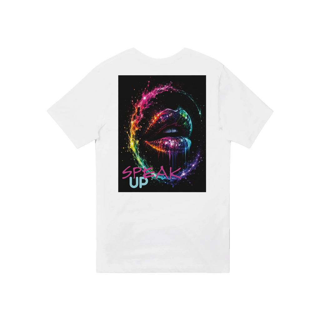 White V-neck T-shirt shown from the back, featuring a colorful neon galaxy lips graphic with the statement “SPEAK UP” in pink and turquoise.