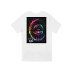 White V-neck T-shirt shown from the back, featuring a colorful neon galaxy lips graphic with the statement “SPEAK UP” in pink and turquoise.