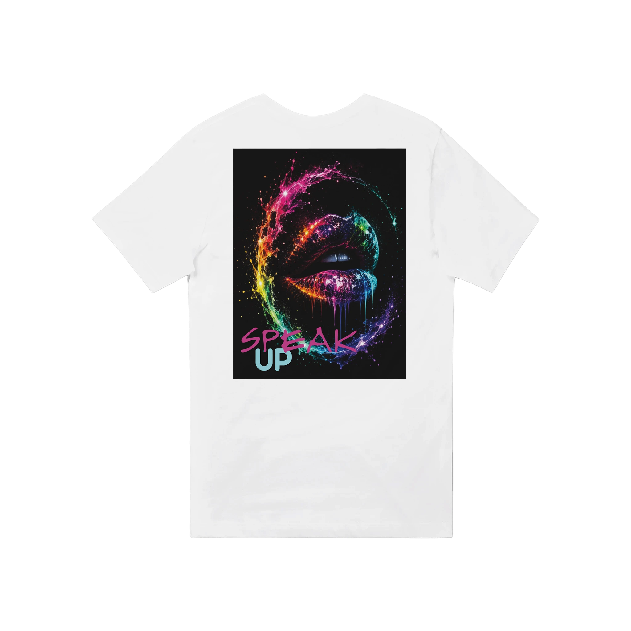 White V-neck T-shirt shown from the back, featuring a colorful neon galaxy lips graphic with the statement “SPEAK UP” in pink and turquoise.