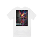 Back view of a white unisex T-shirt featuring a large BREAK THROUGH graphic with a cracked dark wall opening into a vivid surreal neon landscape in pink, turquoise, purple, and yellow tones.