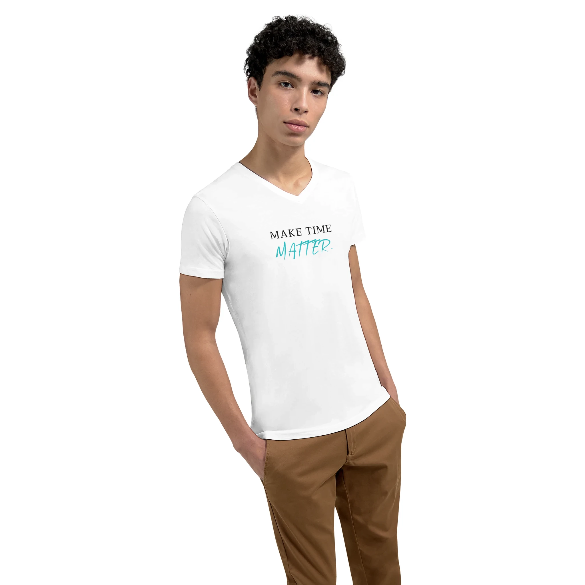 Young model wearing a white premium unisex V-neck T-shirt featuring the minimalist statement 'MAKE TIME MATTER.' on the front. The clean typography combines black serif lettering with a turquoise handwritten-style accent, creating a modern, motivational look focused on mindfulness, purpose, and intentional living.