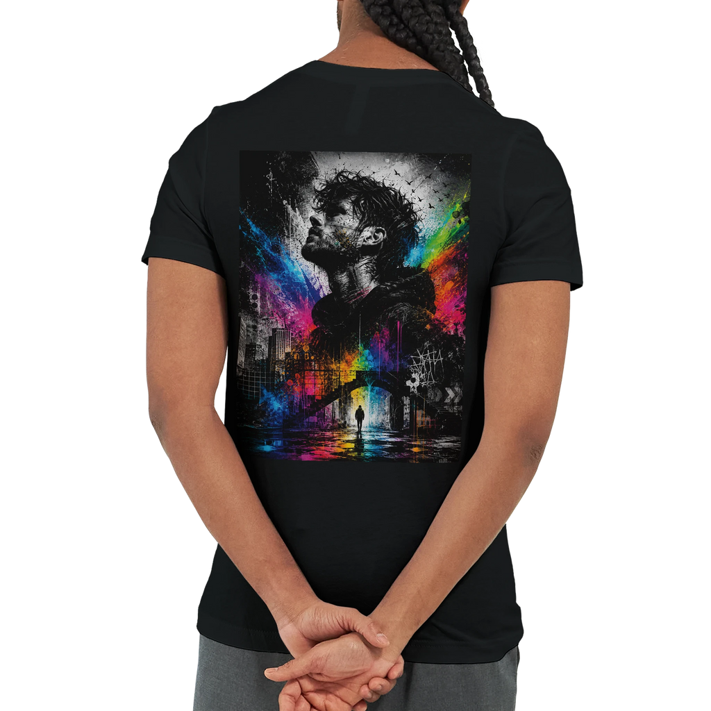Black unisex T-shirt shown from the back with a large surreal urban artwork featuring a monochrome male portrait, a city scene and vibrant rainbow neon color splashes.