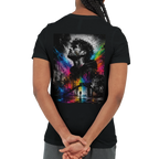 Black unisex T-shirt shown from the back with a large surreal urban artwork featuring a monochrome male portrait, a city scene and vibrant rainbow neon color splashes.