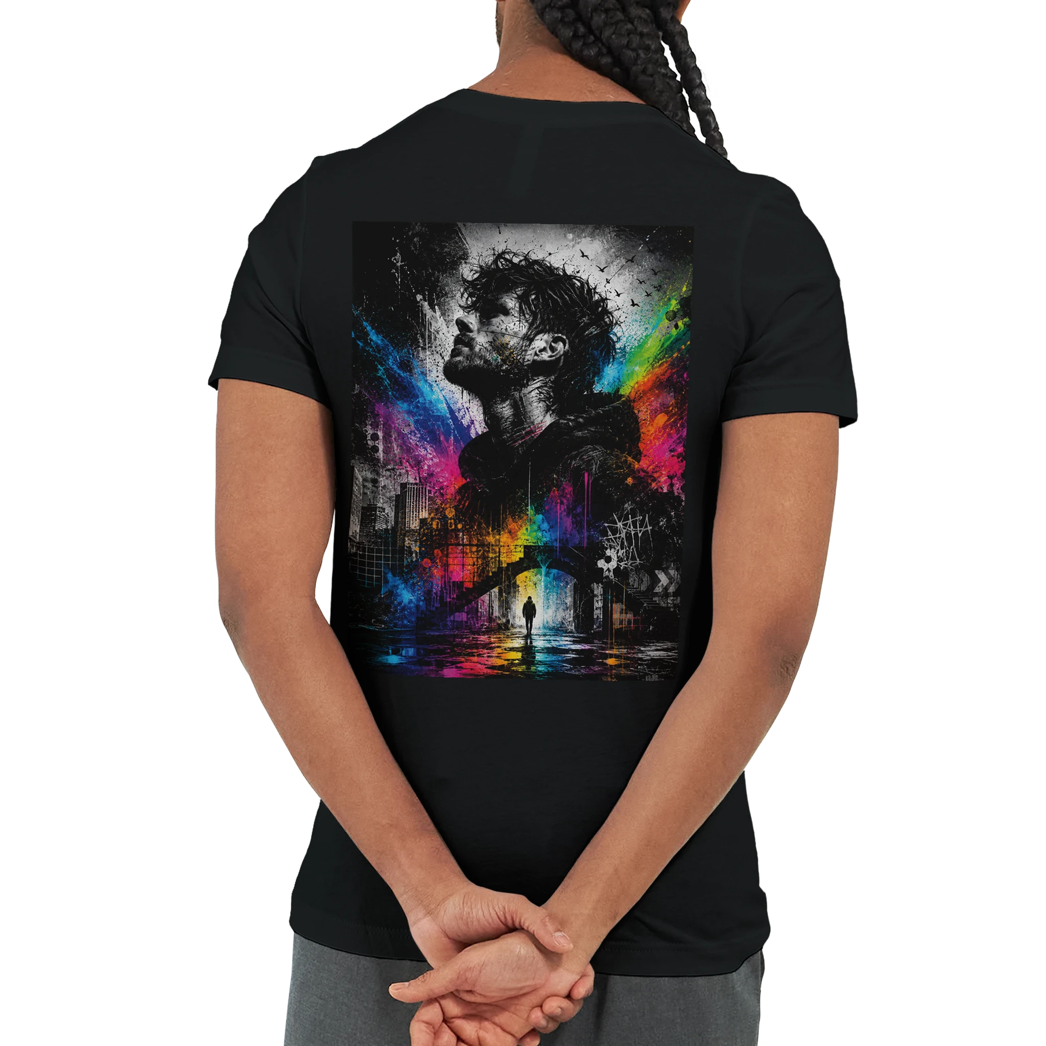 Black unisex T-shirt shown from the back with a large surreal urban artwork featuring a monochrome male portrait, a city scene and vibrant rainbow neon color splashes.