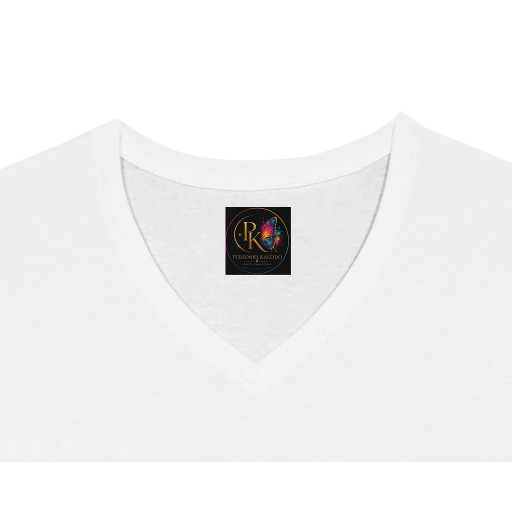 Close-up of a white unisex V-neck T-shirt featuring the sewn-in Personiq Kaleido neck label, highlighting the clean neckline, soft fabric, and premium finishing details.