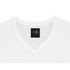 Close-up of a white unisex V-neck T-shirt featuring the sewn-in Personiq Kaleido neck label, highlighting the clean neckline, soft fabric, and premium finishing details.