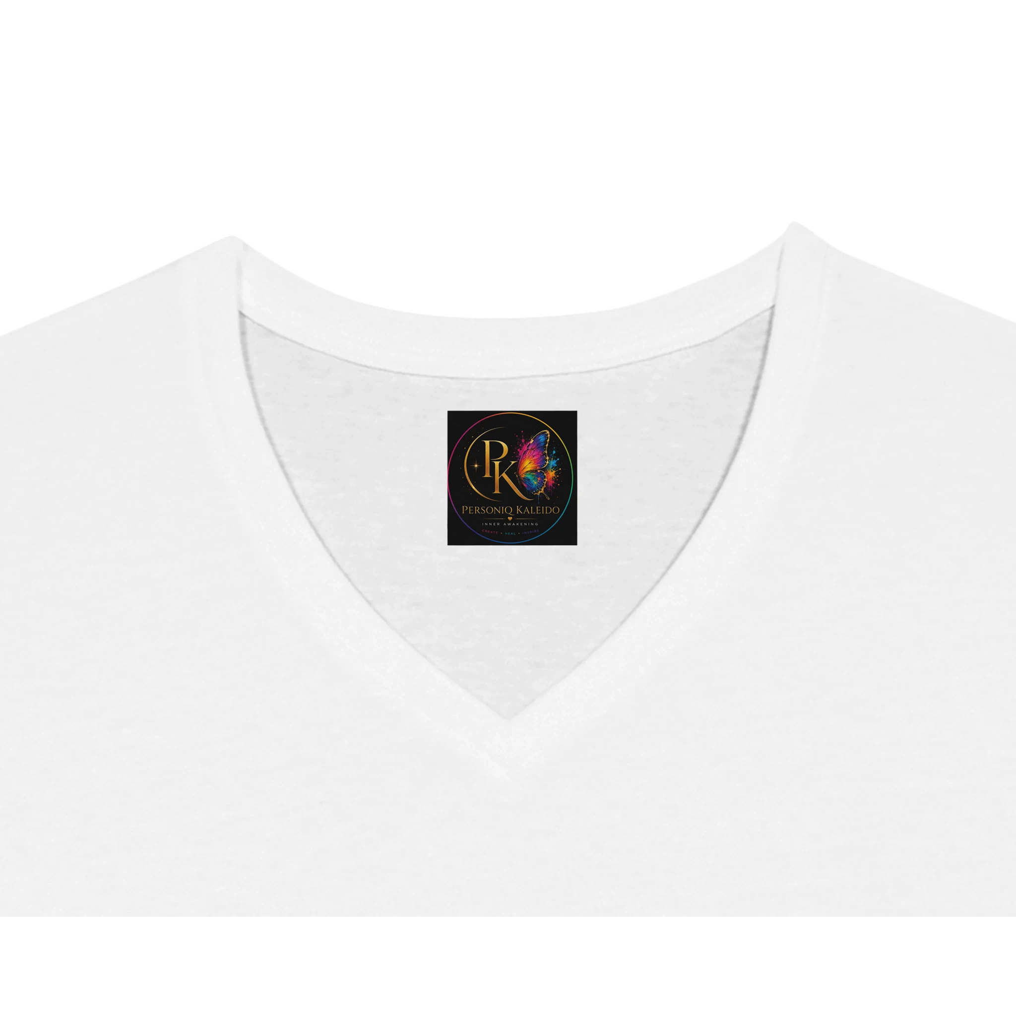 Close-up of a white unisex V-neck T-shirt featuring the sewn-in Personiq Kaleido neck label, highlighting the clean neckline, soft fabric, and premium finishing details.