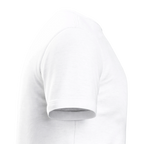 Close-up side view of a white unisex T-shirt, highlighting the short sleeve, smooth fabric and clean seam construction.