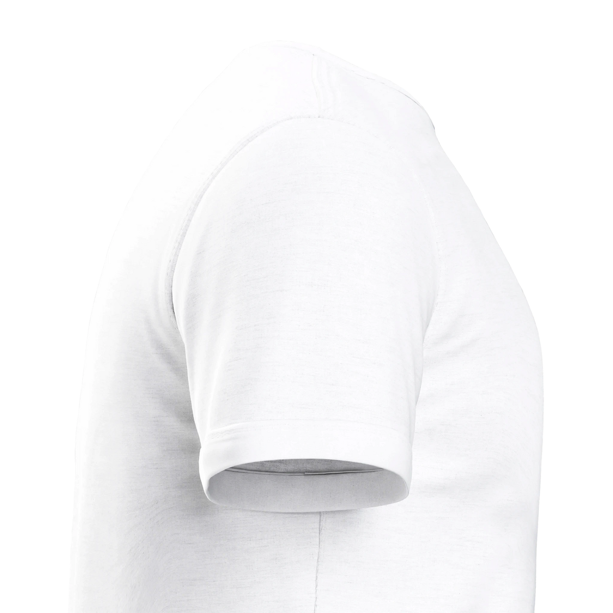 Close-up side view of a white unisex T-shirt, highlighting the short sleeve, smooth fabric and clean seam construction.