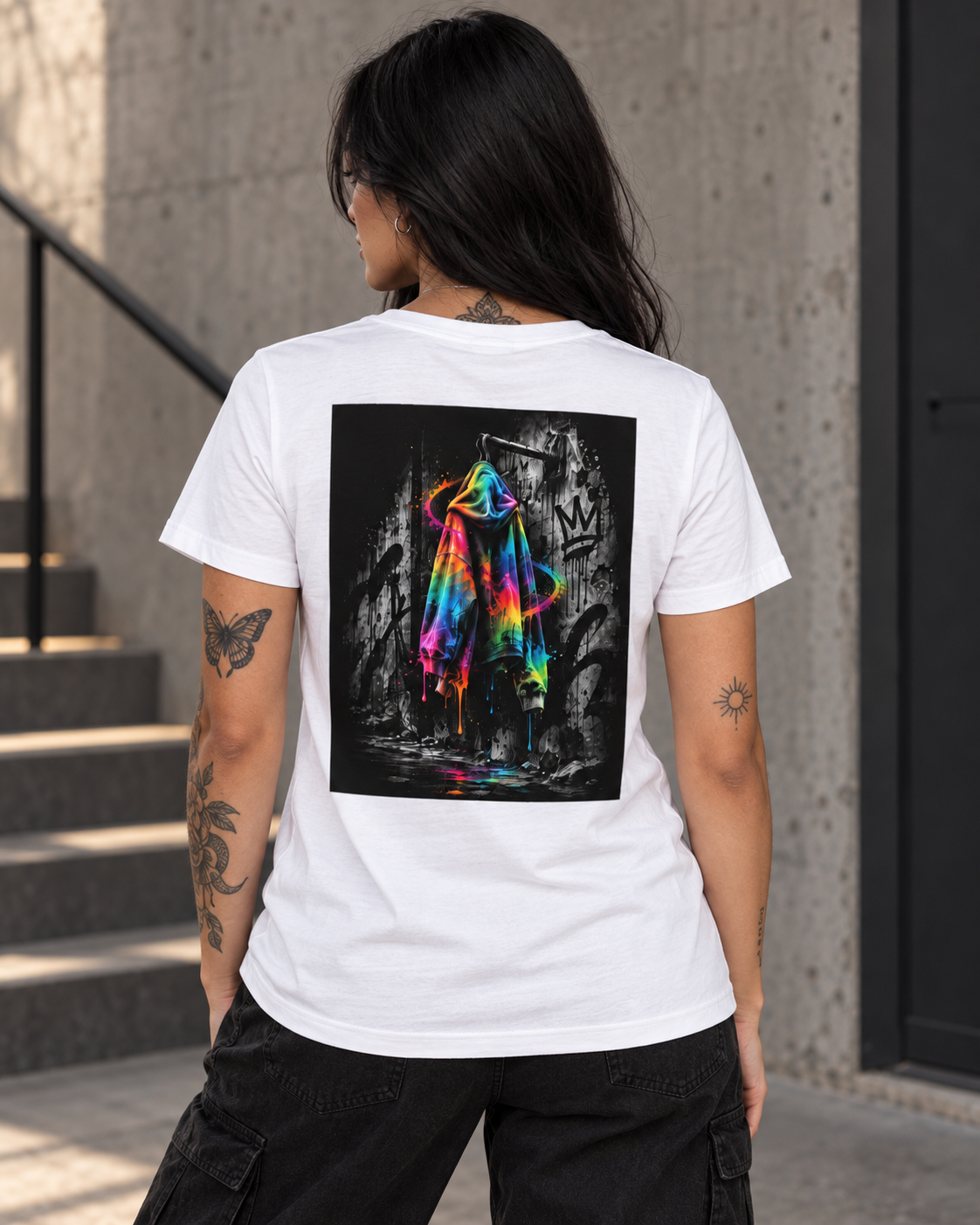 Female model shown from behind wearing a white T-shirt with a bold neon rainbow hoodie back print against a black-and-white graffiti background, styled with black cargo trousers for an expressive urban streetwear look.