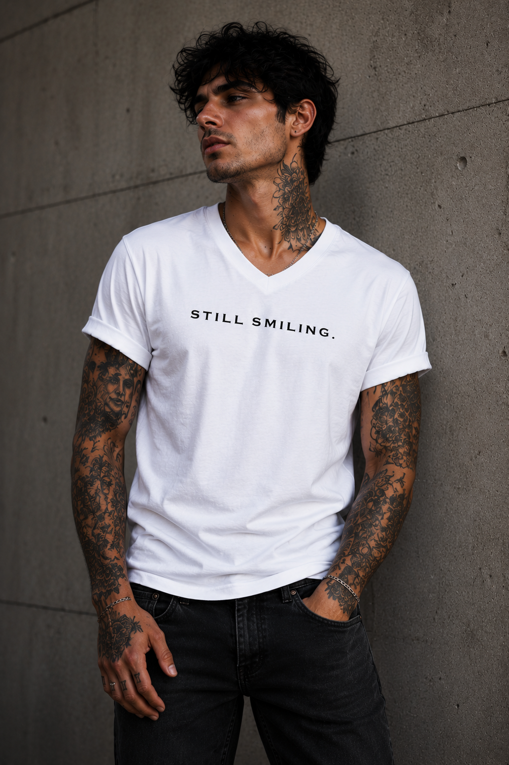 STILL SMILING. – Premium Unisex V-Neck Statement T-Shirt