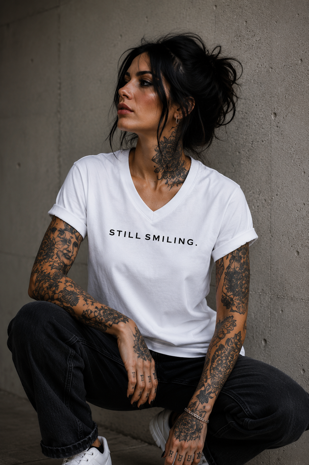 STILL SMILING. – Premium Unisex V-Neck Statement T-Shirt