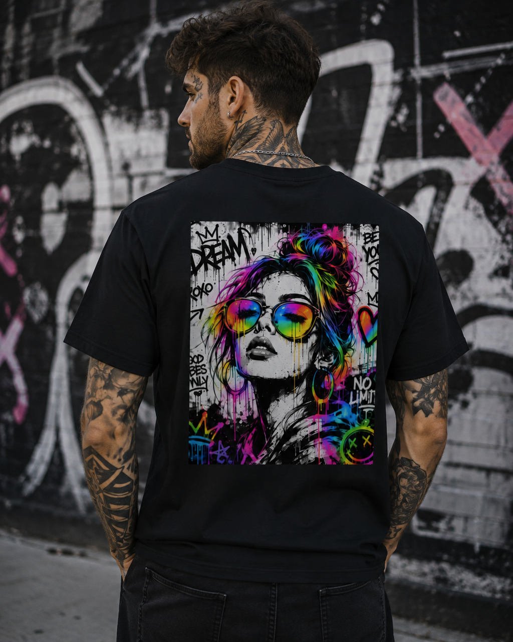 Tattooed male model wearing a black NEON REBEL unisex T-shirt, shown from the back with a large black-and-white graffiti artwork and vibrant neon rainbow accents.