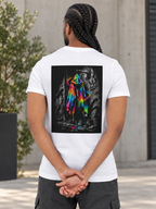 Male model shown from behind wearing a white statement T-shirt with a bold neon rainbow hoodie back print set against a black-and-white graffiti background, creating an expressive urban streetwear look.