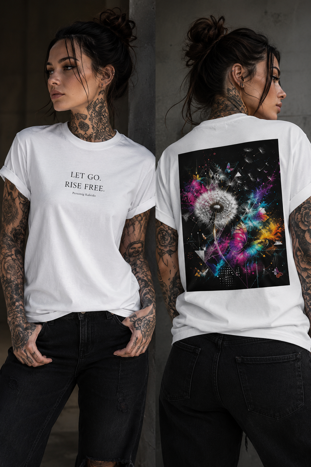 LET GO. RISE FREE. - Butterfly & Dandelion Back Print Unisex Performance T-Shirt