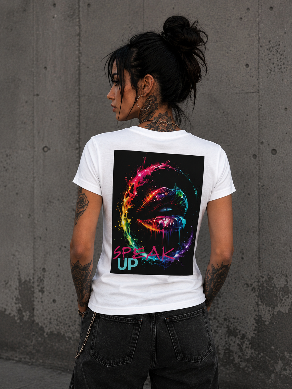 Tattooed woman wearing a white V-neck T-shirt with a small black monogram logo on the chest, styled with black jeans in a minimalist fashion portrait.