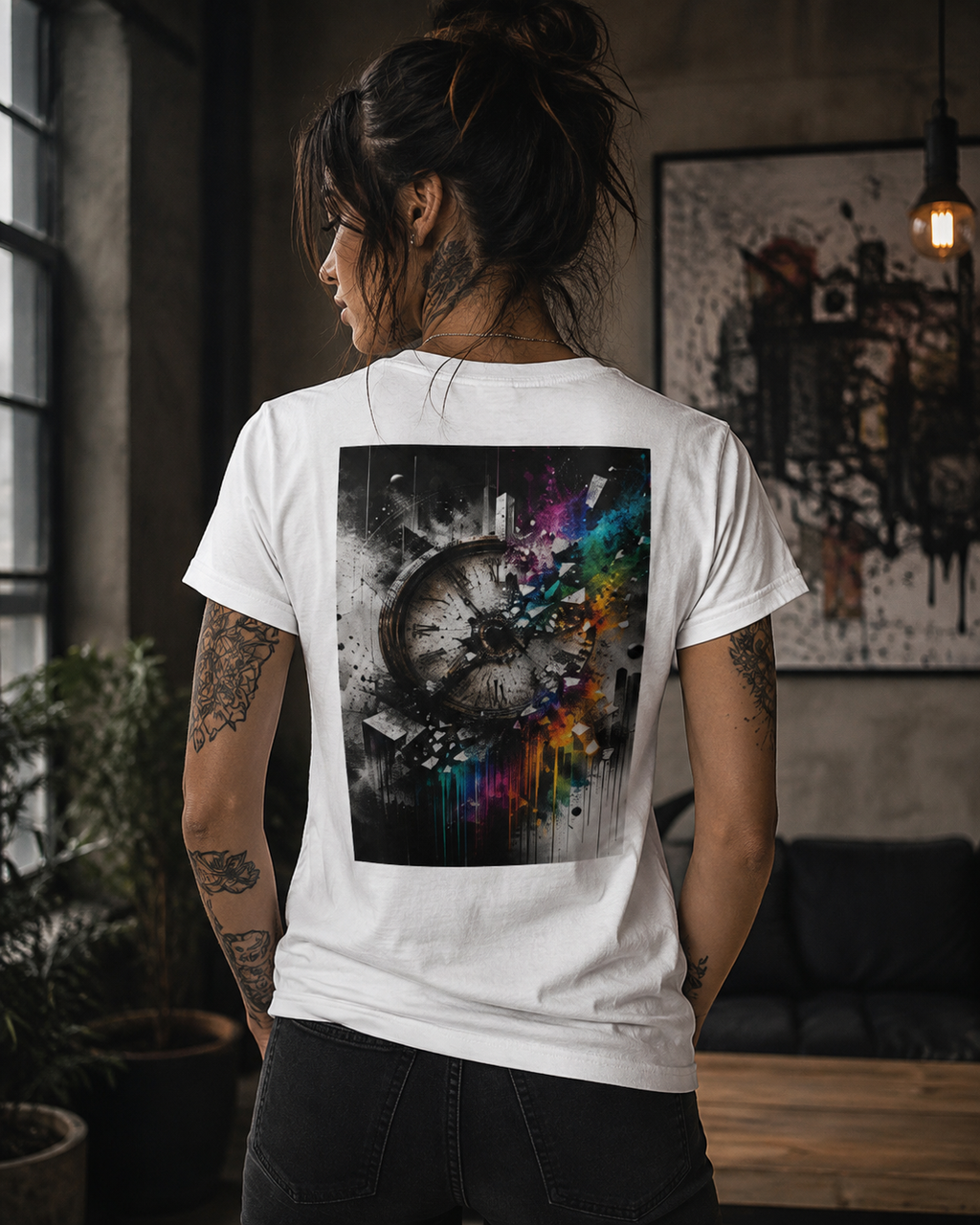 Tattooed woman with dark hair styled in a loose bun wearing a white premium unisex T-shirt, viewed from the back in a modern industrial loft. The back features a large surreal artwork of a vintage clock dissolving into monochrome textures and vibrant rainbow color splashes, symbolizing the passage of time, transformation, creativity, and making every moment count.