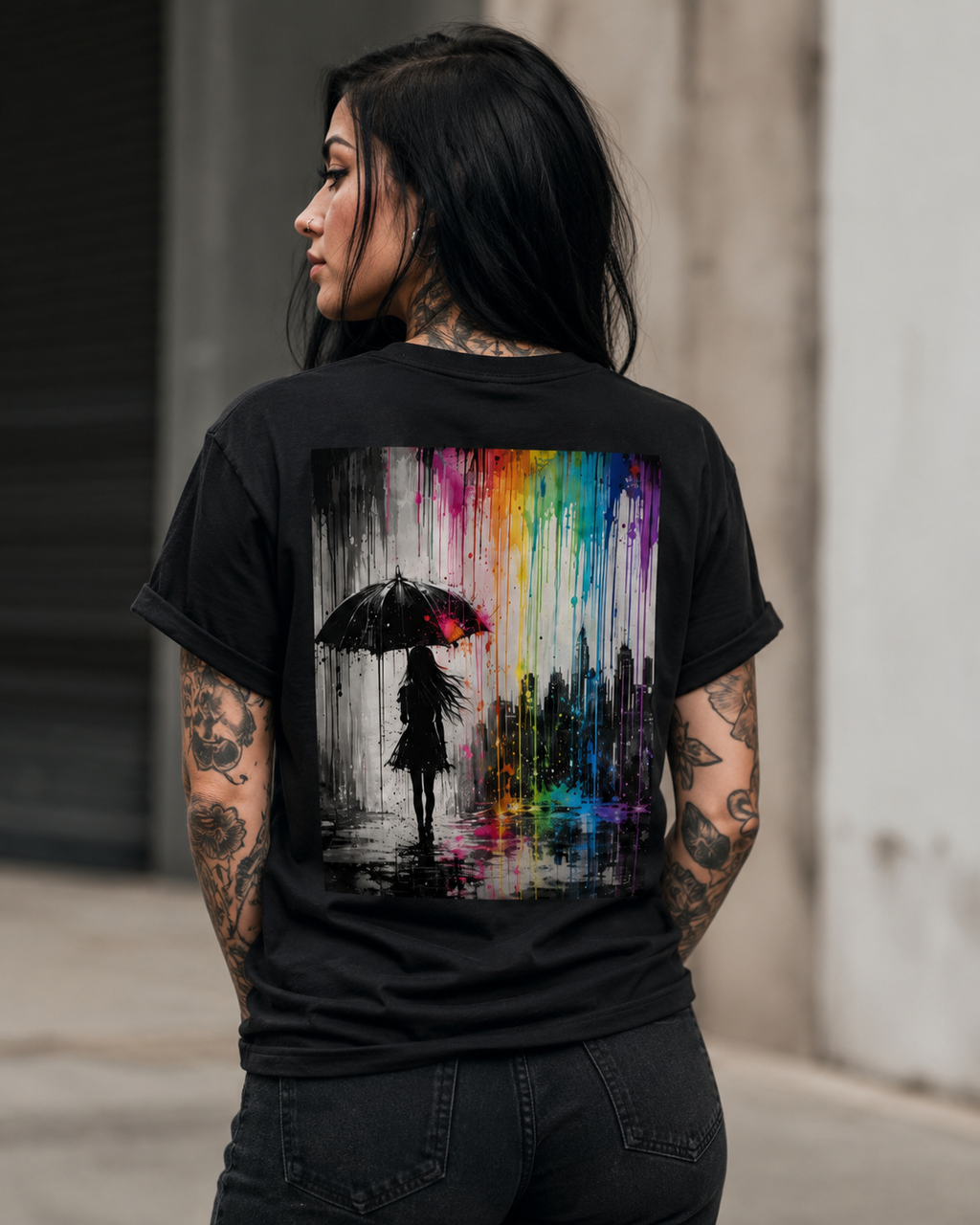 Tattooed woman with long black hair modeling a black “Color the Grey” T-shirt from the back, featuring a monochrome umbrella silhouette and neon rainbow graffiti city artwork.