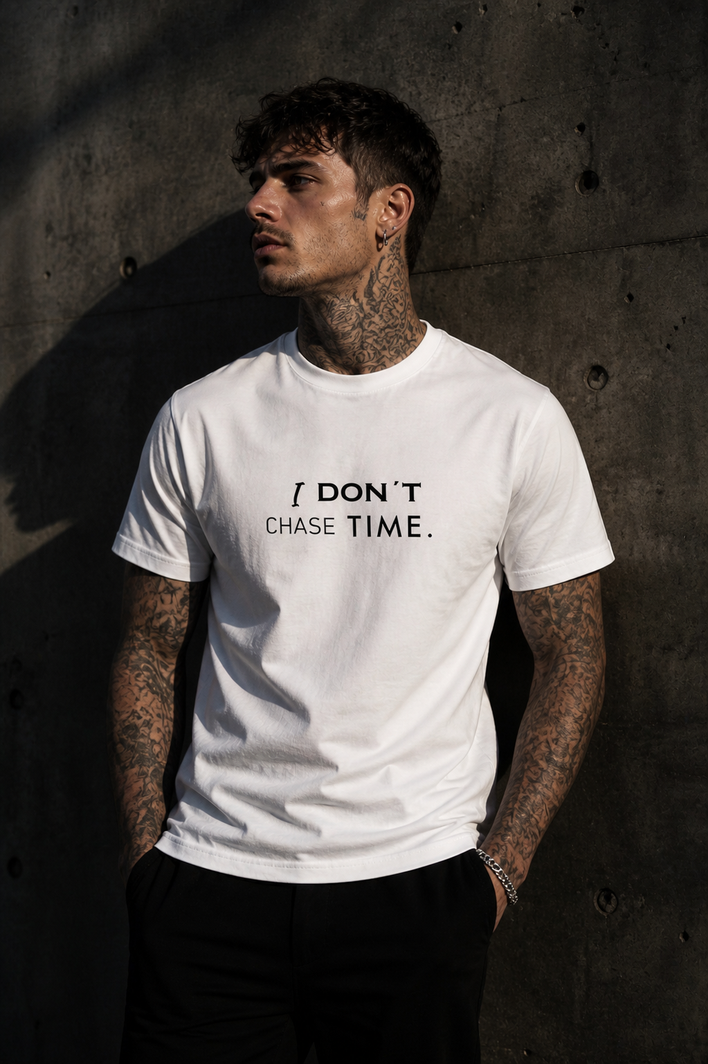 I Don’t Chase Time / I Define It T-Shirt – Dual Message Streetwear | Minimal Front & Artistic Back Print | Unisex Fashion Statement