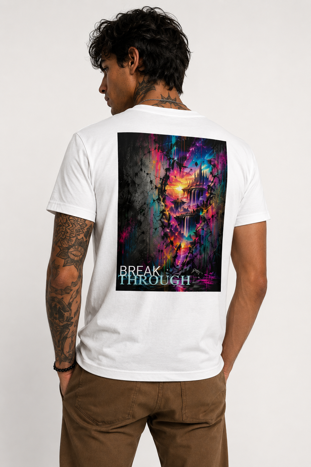 Back view of a tattooed male model wearing a white unisex V-neck T-shirt featuring the large “BREAK THROUGH” back print with a vivid surreal neon landscape, paired with brown trousers.