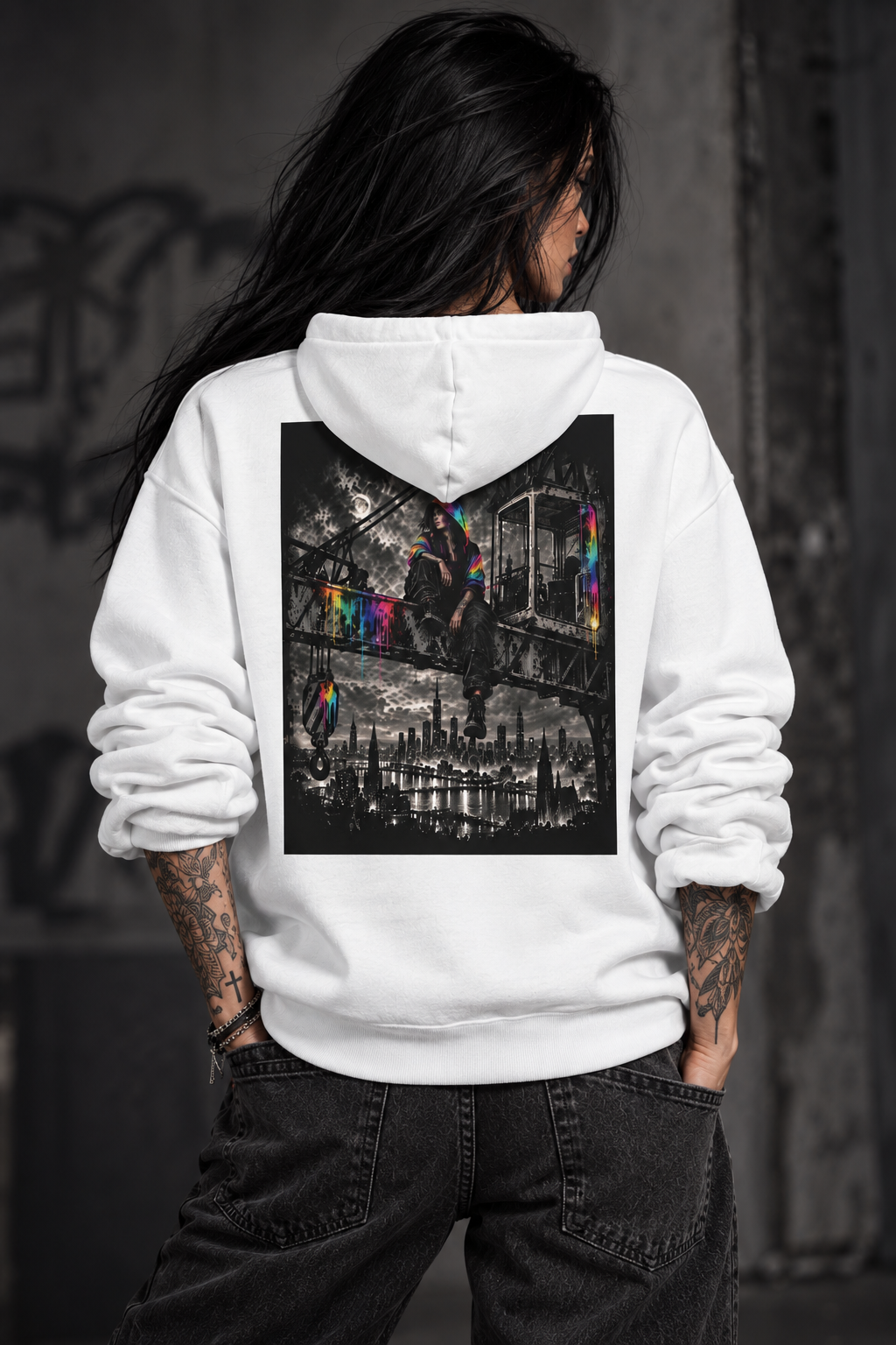 Tattooed female model shown from behind wearing a white hoodie with a large black-and-white urban crane cityscape back print and selective neon rainbow accents, paired with relaxed black jeans.