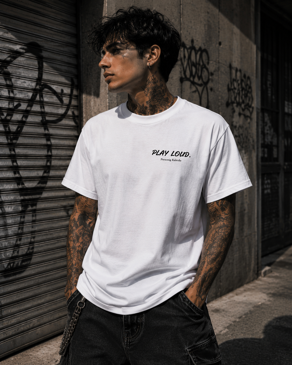 PLAY LOUD. l Performance Unisex-Statement-T-Shirt Weiß