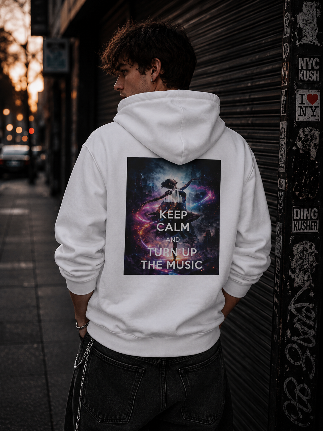 OPEN EYES – Keep Calm and Turn Up the Music | Statement Hoodie | Personiq Kaleido