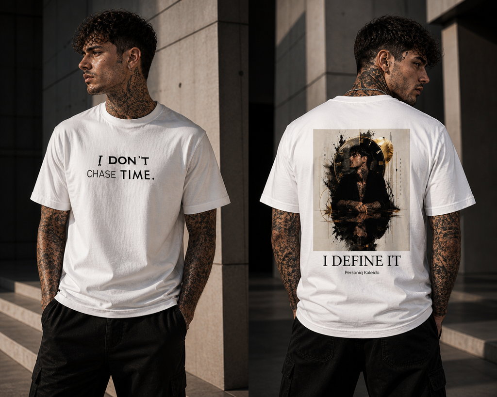 I Don’t Chase Time / I Define It T-Shirt – Dual Message Streetwear | Minimal Front & Artistic Back Print | Unisex Fashion Statement