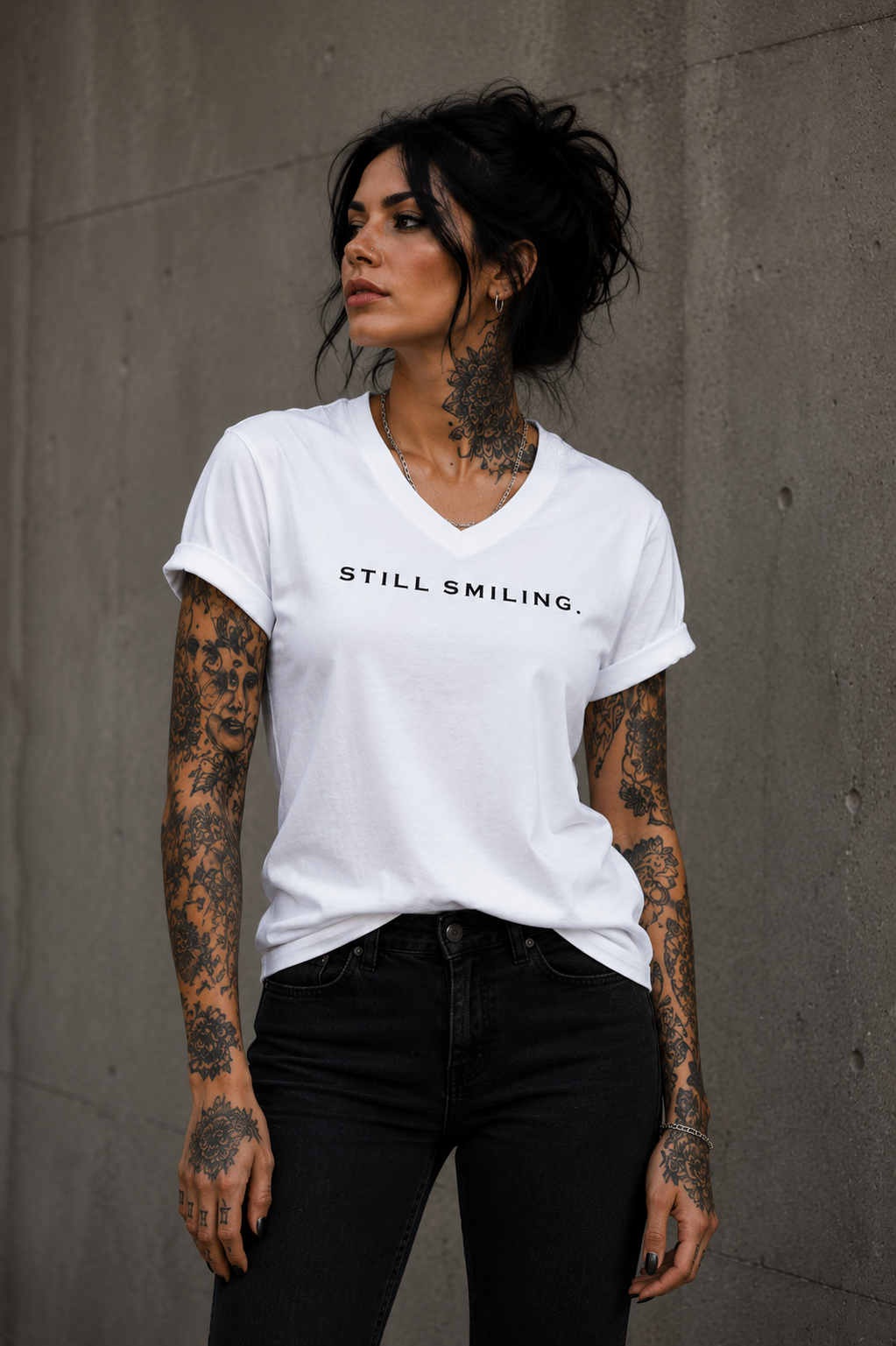 STILL SMILING. – Premium Unisex V-Neck Statement T-Shirt