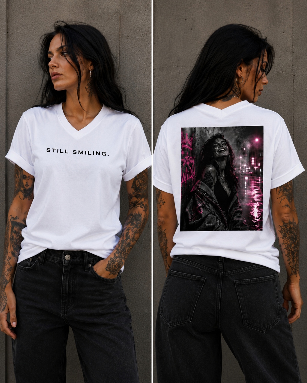 STILL SMILING. – Premium Unisex V-Neck Statement T-Shirt